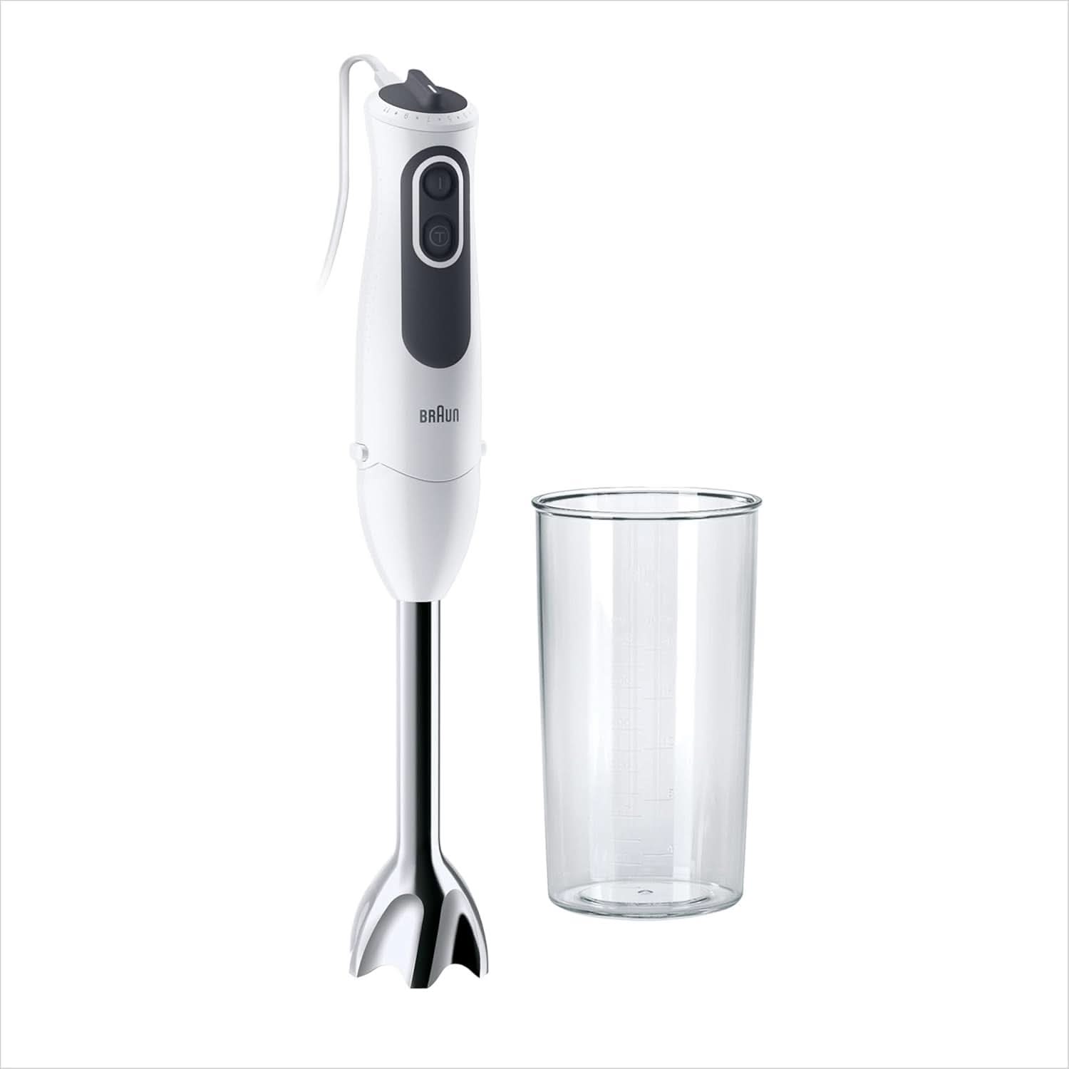 Braun Multiquick 3 MQ 3135 Sauce Stabmixer – Pürierstab Mit 11 Geschwindigkeiten plus Turbo-Stufe & Edelstahl-Mixfuß, 750 Watt, Inkl. 600 ml Mix-/Messbecher, Schneebesen & Zerkleinerer, Weiß/Grau Kitchen Naty Shop Single Mq 3100