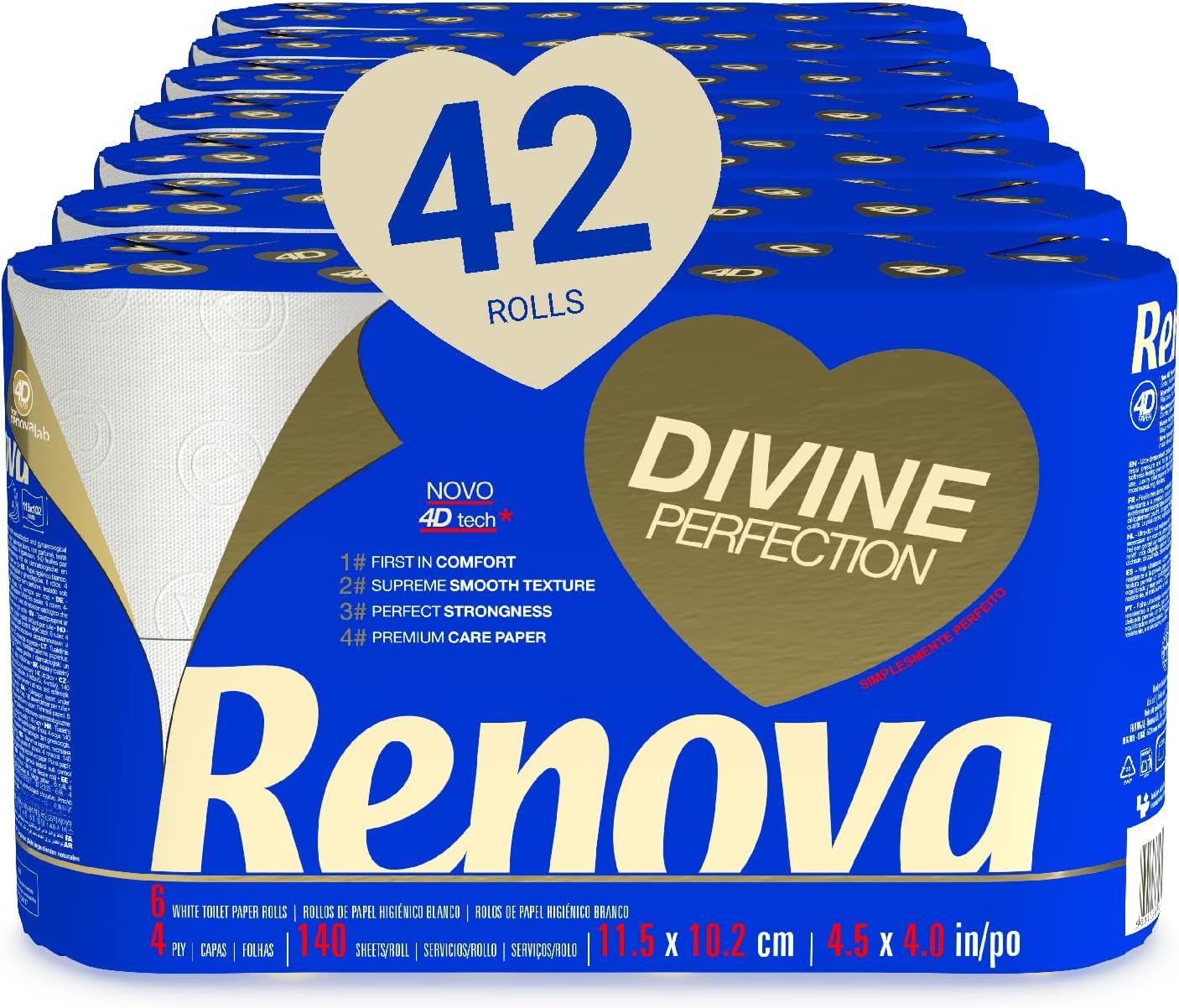 Renova Renova Divine Perfection Toilettenpapier, 42 Rollen, Premium-Toilettenpapier, 4-lagig, ultraweich, extra stark, dick, weich und saugfähig, FSC-zertifiziertes Papier, 4400 g