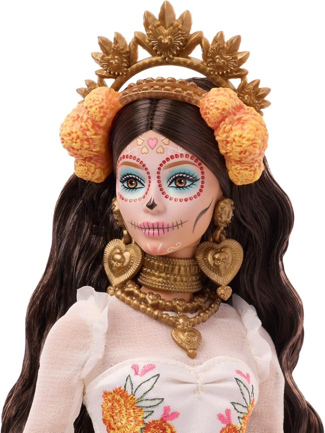 Barbie Signature Day of the Dead 2025-Puppen-Sammelfigur in cremefarbenem Kleid mit Rüschen, Ringelblumen und Schleifen, Blumenkrone im Haar und Calavera-Gesichtsbemalung, JBJ05