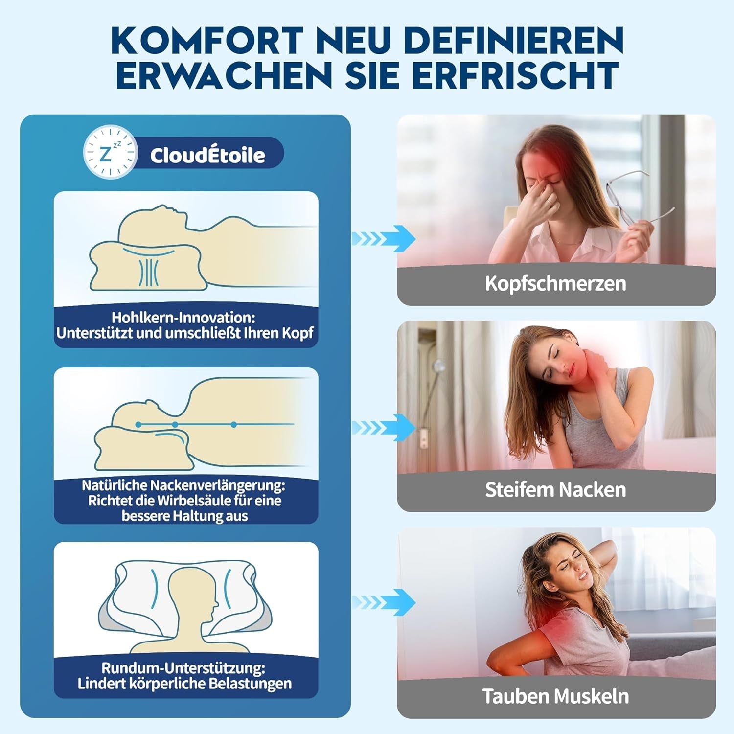 Cloudétoile Nackenkissen Memory-Schaum-Kissen – 2-in-1 ergonomisches orthopädisches Kissen, Visco-Schaum-Kissen, Seitenschläfer-Nackenstützkissen, höhenverstellbares Memory-Schaum-Kissen, weiß, 64 x 38 x 12 cm, orthopädische Nackenkissen, Naty Shop