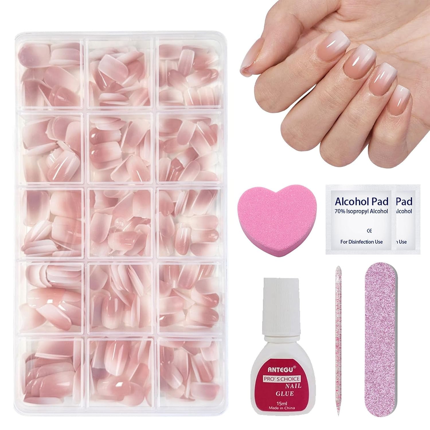240-teiliges Set mit kurzen Kunstnägeln – kurze natürliche künstliche Nägel zum Aufkleben – künstliche Nägel mit Nude-Farbverlauf für Box-Nagelverlängerungen (Nude-Farbverlauf)