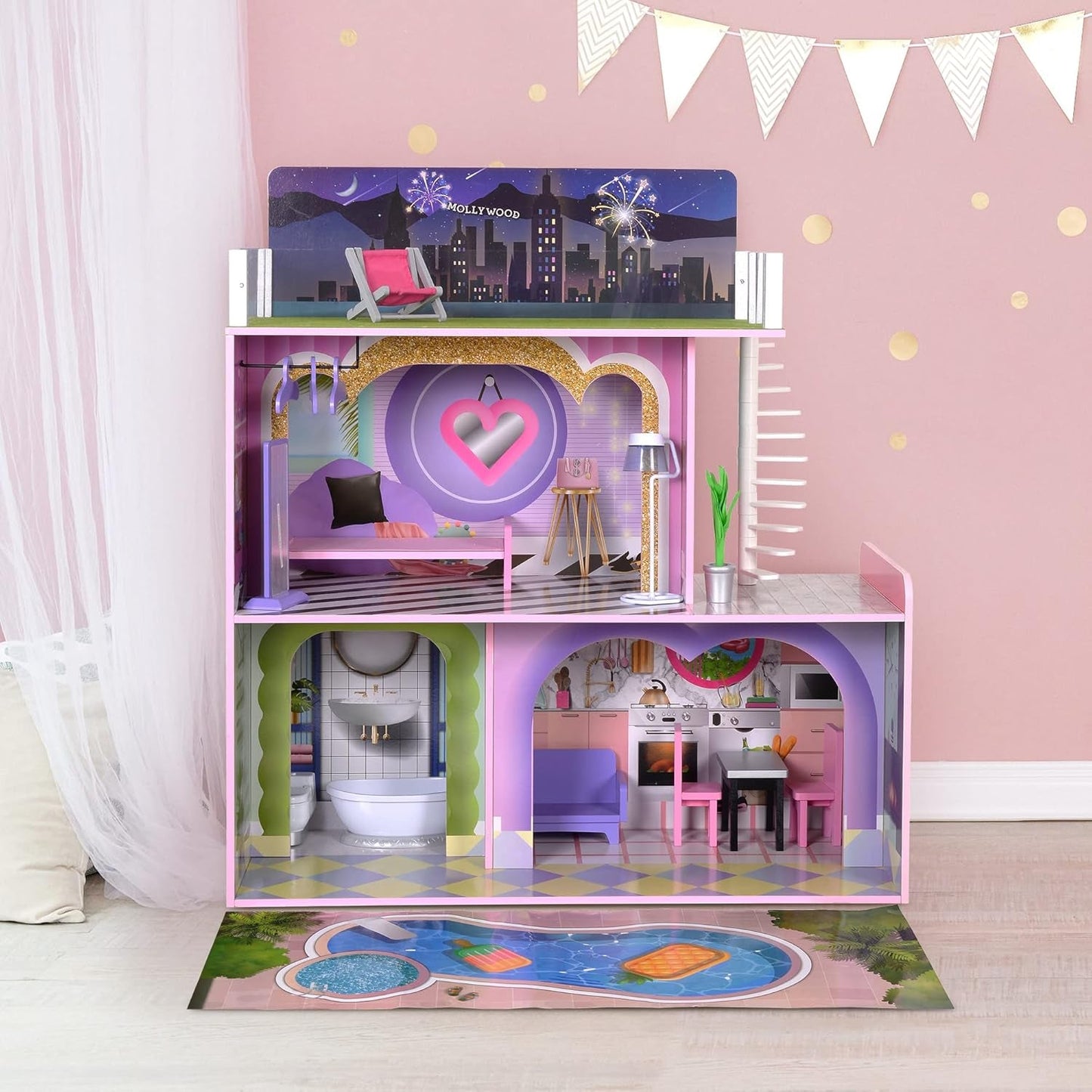 Olivia's Little World Big Dreamland Sunset Modernes, dreistöckiges, interaktives Puppenhaus aus Holz für Kinder mit 16 Puppenmöbelzubehör, mehrfarbig, TD-13616A