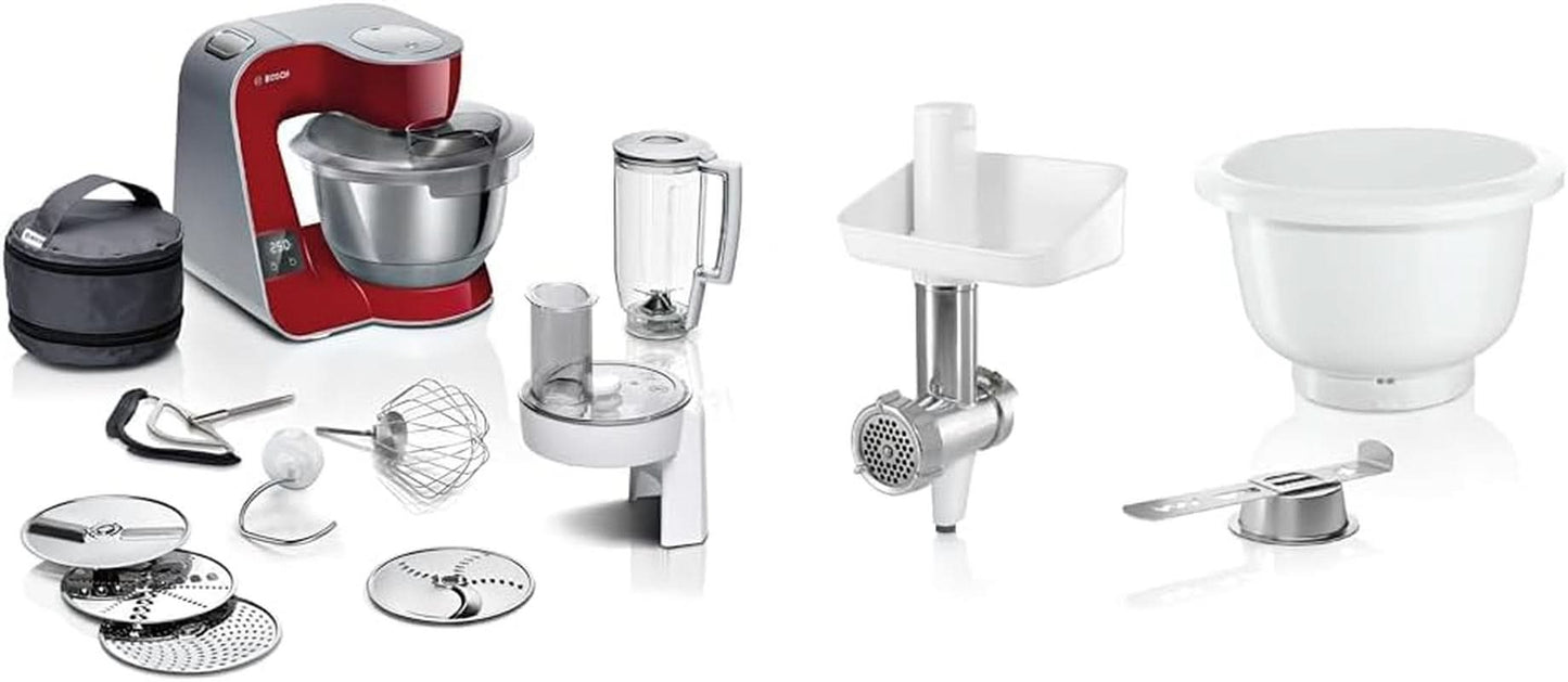 Bosch Series 4 MUM5X720 Küchenmaschine, integrierte Waage, Edelstahlschüssel 3,9 l, Mixer 1,25 l, 1000 W Zubehör Essen und Stillen Baby Naty Shop Bundle mit Bakingsensation Dunkelrot/Silber 2 Zubehörteile