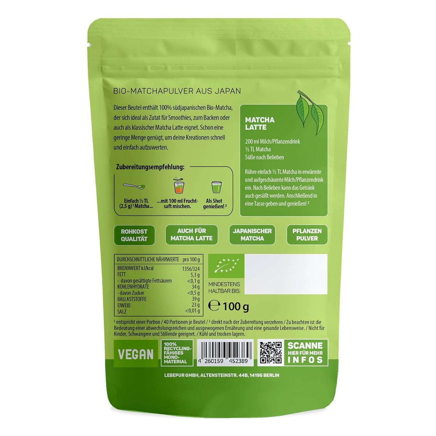 Lebepur BIO Matcha-Pulver 100 g – Premium-Qualität aus Japan ohne Zusatzstoffe – 100 % reines Grüntee-Pulver für Matcha Latte, Matcha-Tee, grünen Tee, Smoothie – japanischer grüner Tee