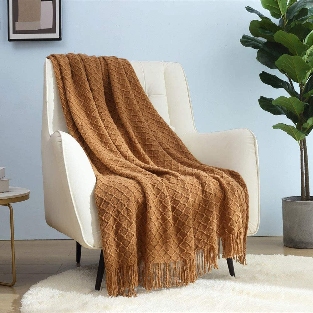CREVENT Rost-Strickdecke für Couch, Couch, Stuhl, Bett, Heimdekoration, weich, warm, gemütlich, leicht, Frühling, Sommer, Herbst (127,8 x 152,4 cm, Karamell/Braun/Gebranntes Orange). CREVENT braune Betten und Decken