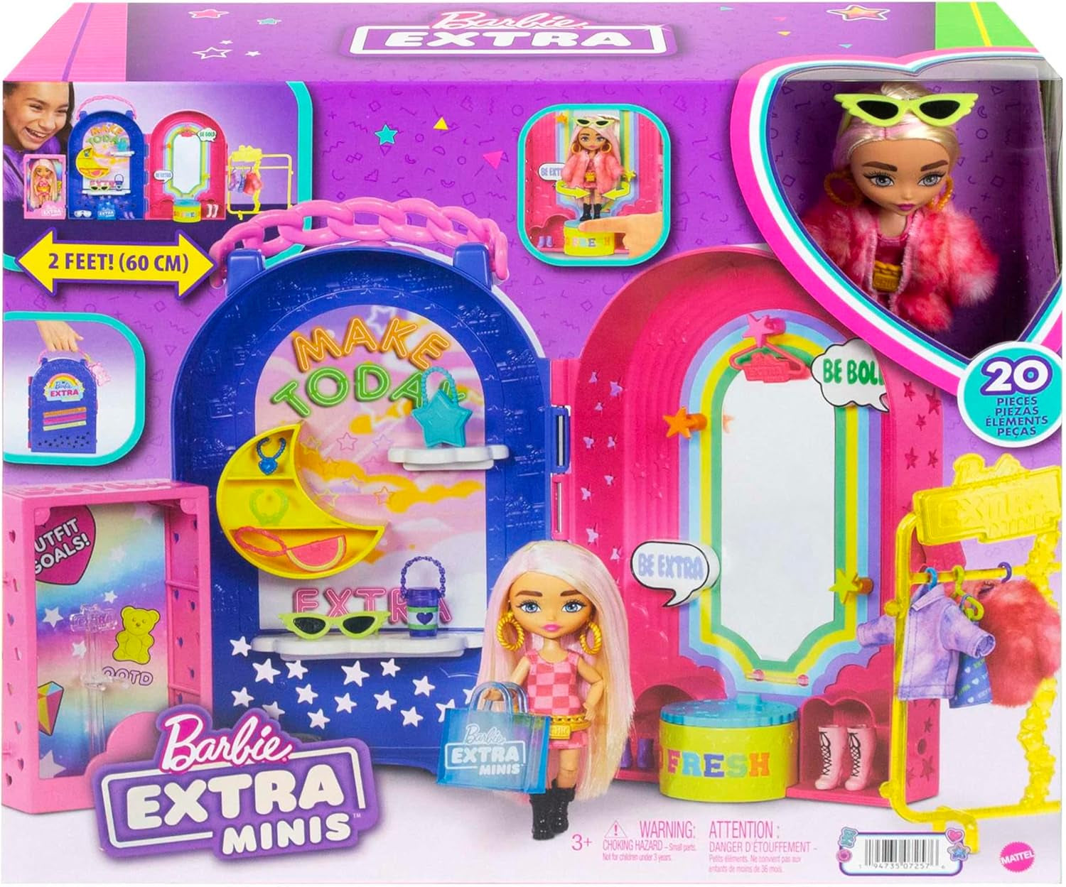 Barbie Extra Minis, Extra Mini-Puppe und Boutique-Spielset, Kleiderschrank mit Schränken, Regalen, Spiegeln, 360-Grad-Plattform, Extra Mini-Puppe mit rosa Haarschmuck, HHN15