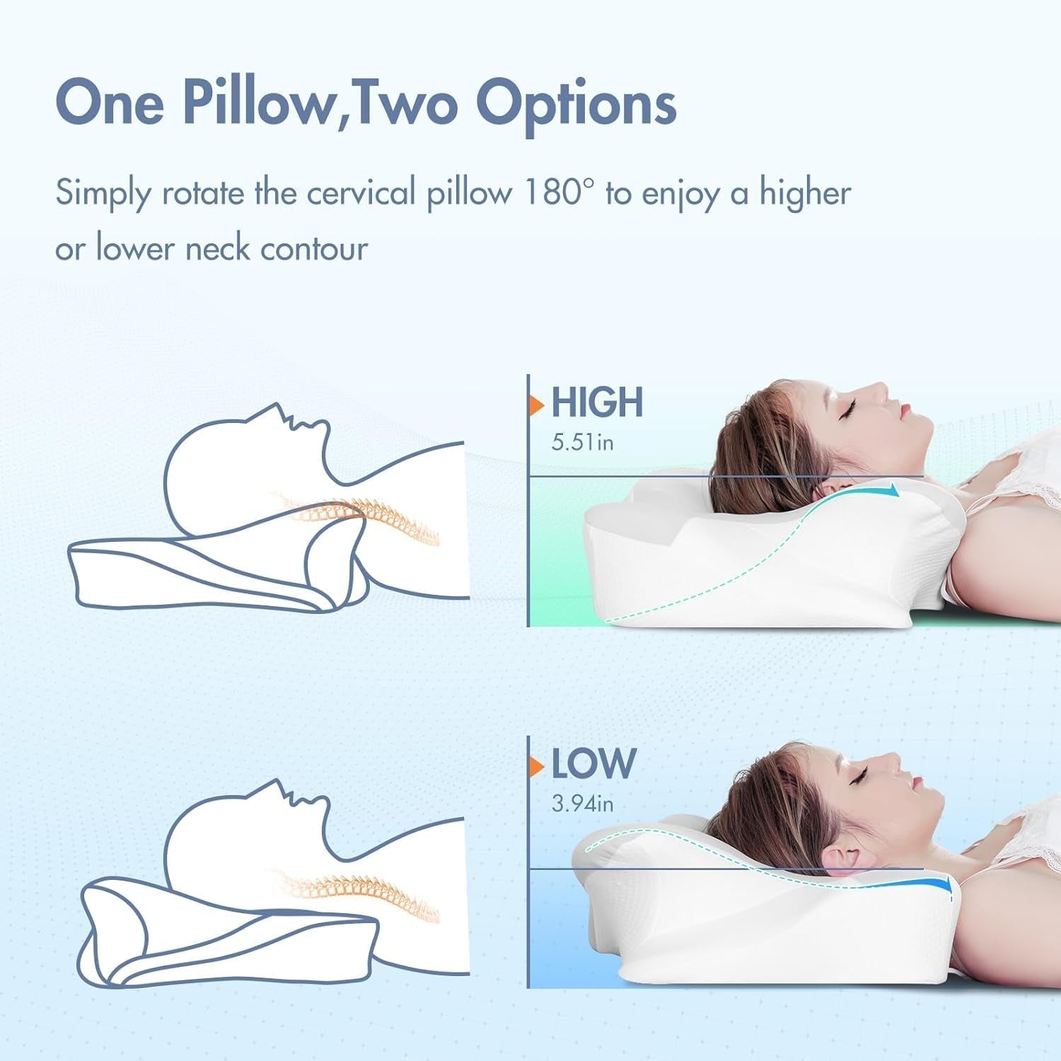 Elegear Memory-Schaum-Kissen mit kühlendem Kissenbezug, Nackenschmerzen-Kissen, Seitenschläferkissen, ergonomisches Kissen, orthopädisches Kissen für Seitenschläfer, Rücken, Bauch, 63 x 10/14 x 36 cm, orthopädische Nackenkissen, Naty Shop