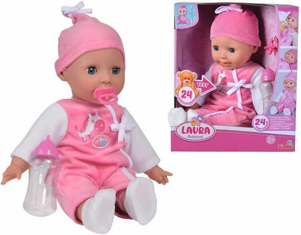 Simba 105140489 – Laura Baby Talk Doll, 38 cm große Puppe mit weichem Körper und Schlafaugen im süßen Overall, 24 Babygeräusche, Spielpuppe, Babypuppe, ab 2 Jahren