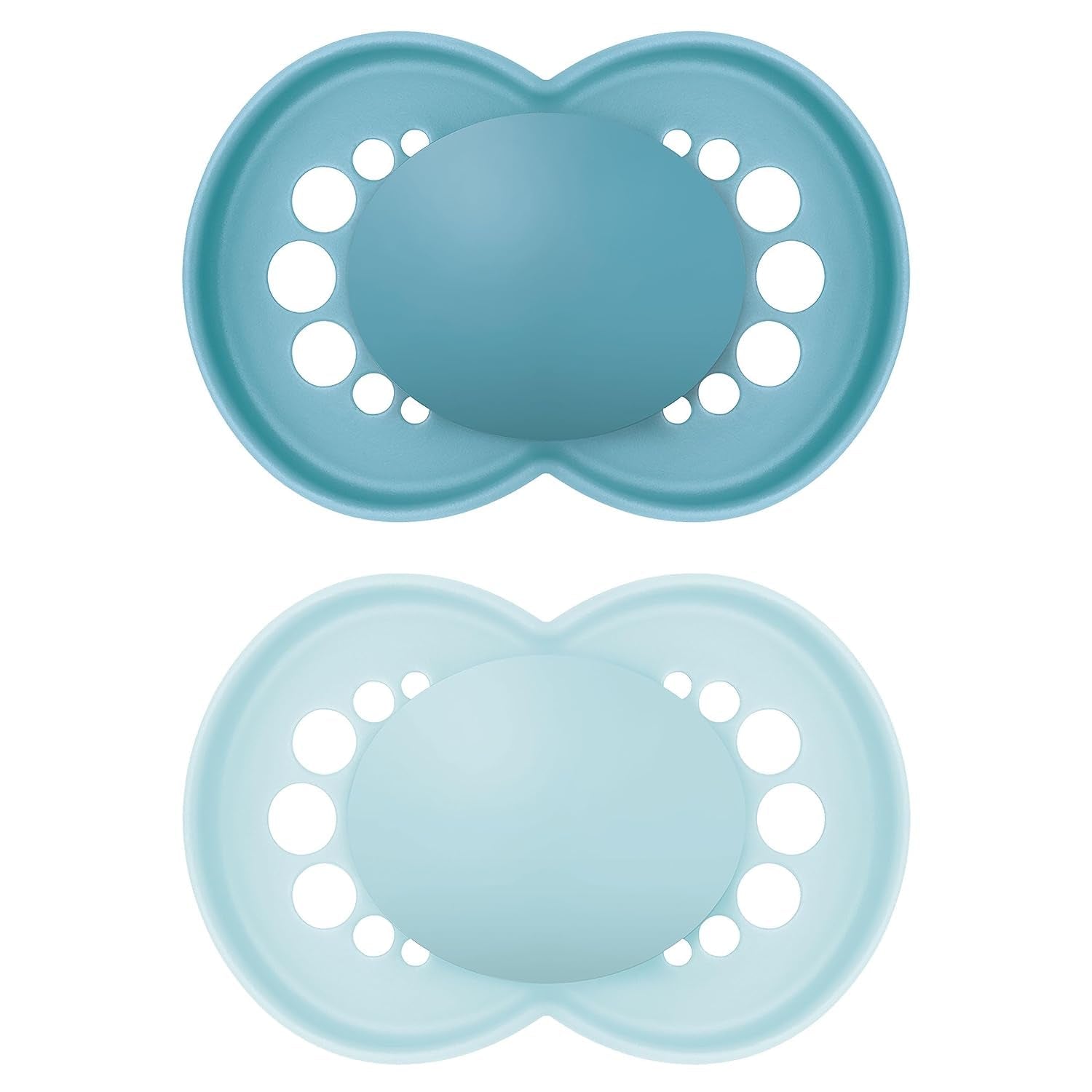MAM Original Schnuller, 2er-Pack, zahnfreundliche Babyschnuller, aus nachhaltigen und bioregenerierbaren Materialien, MAM SkinSoft Silikonsauger, mit Schnullerbox, 6-16 Monate, Blau/Hellblau