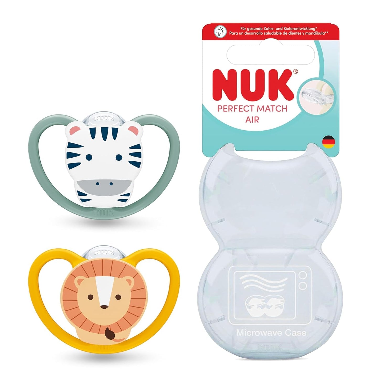 NUK Perfect Match Luftschnuller für Babys | 6-18 Monate | Kieferorthopädische Schnuller, die die Luftzirkulation fördern und durch Speichel verursachte Hautausschläge verhindern | 95 % Akzeptanz bei Babys** | Zebra/Löwe | 2 Stück