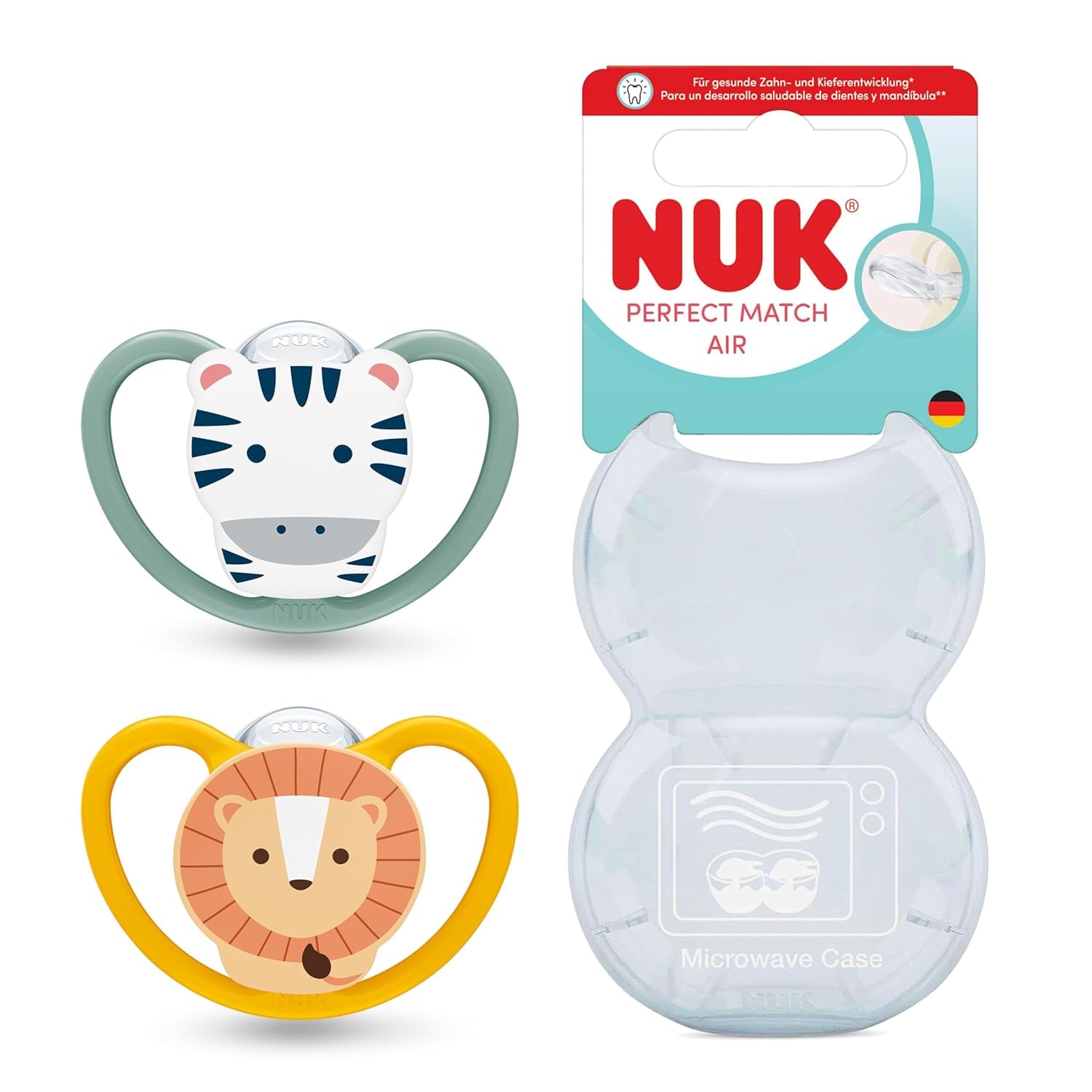 NUK Perfect Match Luftschnuller für Babys | 6-18 Monate | Kieferorthopädische Schnuller, die die Luftzirkulation fördern und durch Speichel verursachte Hautausschläge verhindern | 95 % Akzeptanz bei Babys** | Zebra/Löwe | 2 Stück