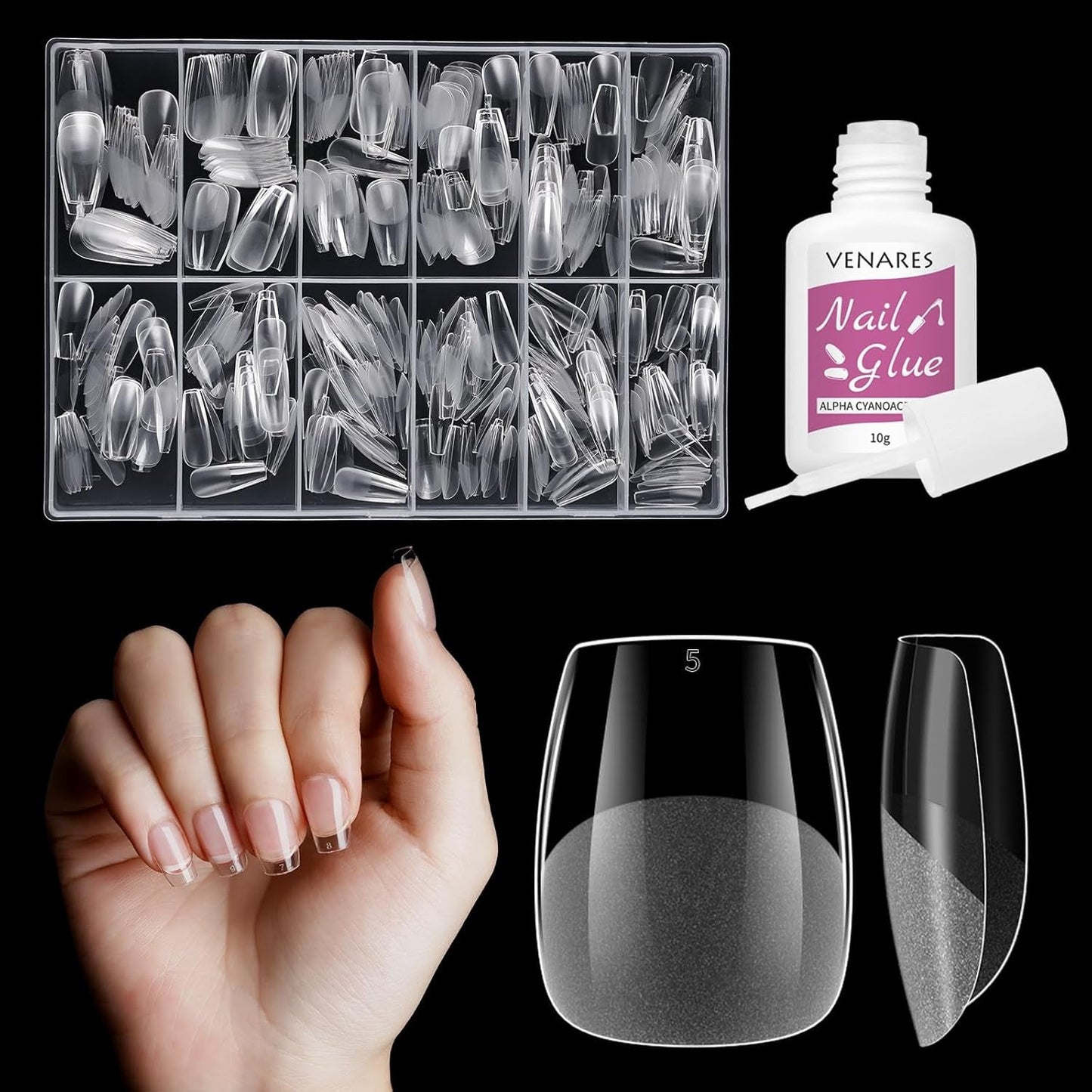 Kurze künstliche Nägel, Ballerina, 500 Stück, zum Aufkleben, 12 Größen, künstliche Nägel, kurze, weiche Gel-Nagelspitzen mit vollständiger Abdeckung für Gelnägel, kurz S
