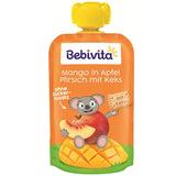 Mango in Apfel-Pfirsich-Sauce mit einer Tüte Keksen (6 x 120 g), ohne Zuckerzusatz, aus milden Früchten und wertvollem Getreide, ideal für den Snack zwischendurch und für unterwegs.