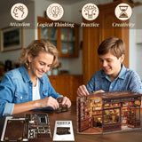 CUTEBEE Bücherecken-Set – DIY-Puppenhäuser, LED-beleuchtetes Miniaturhaus-Bauset für Erwachsene, 3D-Holzpuzzle und Bücherständer – Bücherregal-Dekoration und Geschenk (Eckcafé)