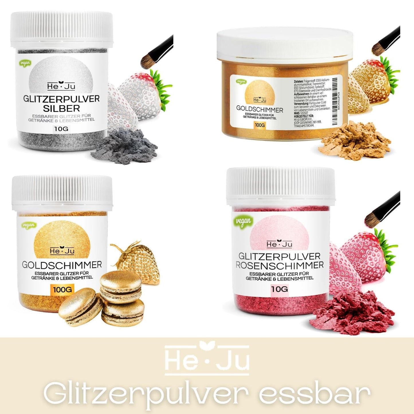 He-Ju Metallic Gold Flüssige Lebensmittelfarbe 25 ml, essbarer Glitzer für Getränke und Lebensmittel (Metallic Gold, 25 ml)