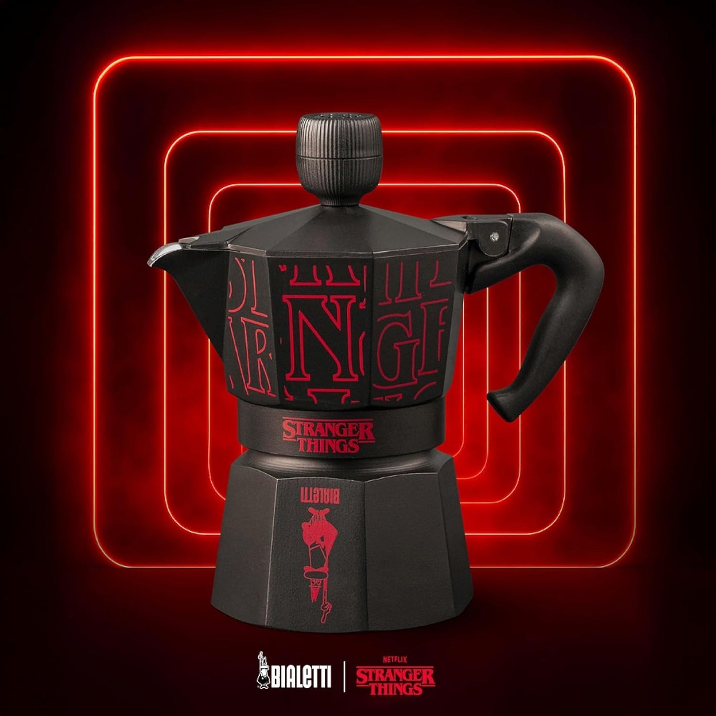 Bialetti Moka Express Stranger Things 3-Tassen-Kaffeemaschine, Musiktaste mit USB-C-Ladefunktion, Nicht für Induktionsherde geeignet, 3 Tassen (130 ml), Schwarz