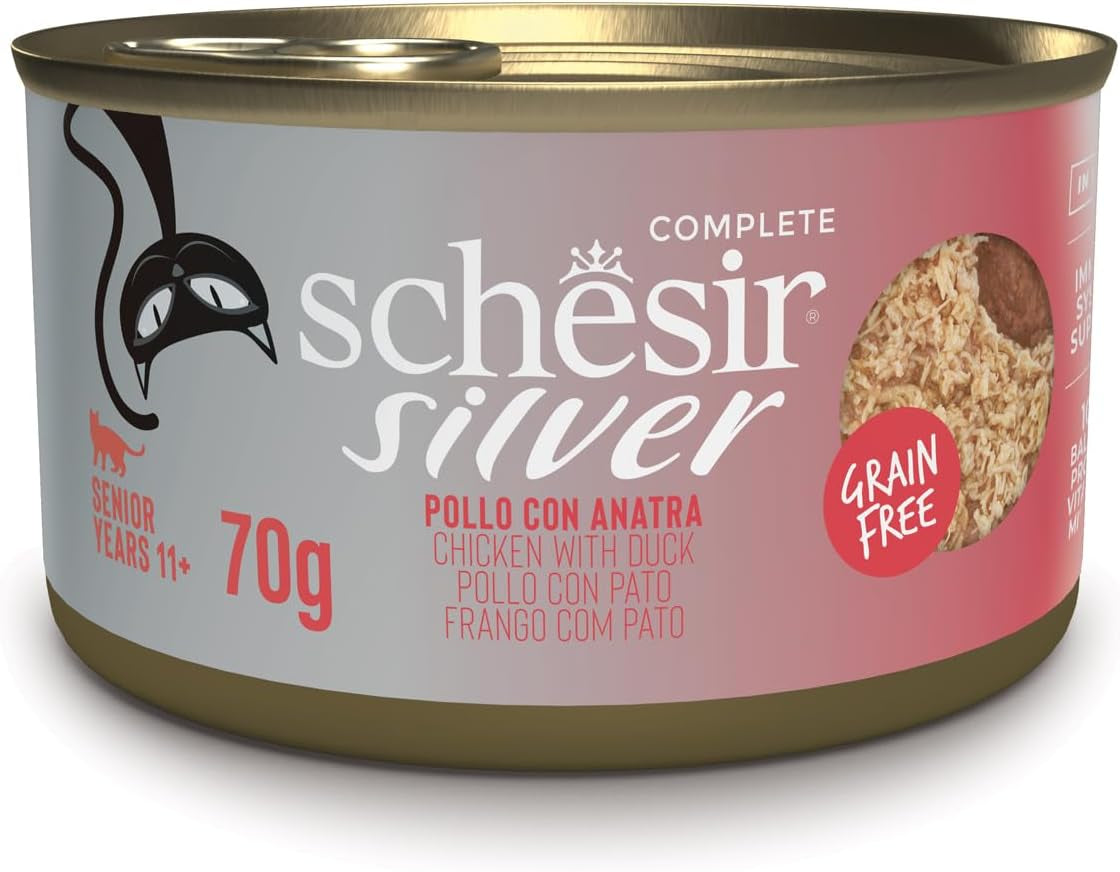 Silberhähnchen mit Entenmousse und Filets, komplettes Nassfutter für ältere Katzen, getreidefrei, Immununterstützung, Feuchtigkeitsquelle, 12 x 70 g