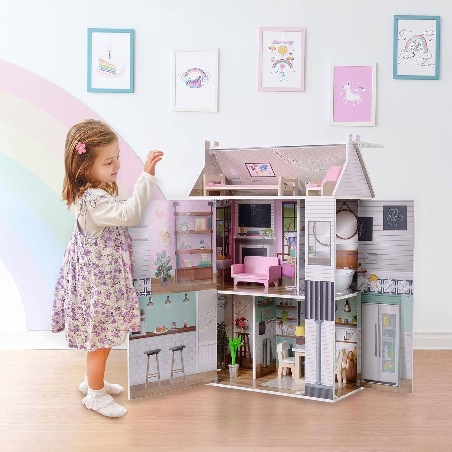 Olivia's Little World Dreamland 3-stöckiges interaktives Puppenhaus aus Holz mit 13 Puppenmöbelzubehör, weiß TD-13632A