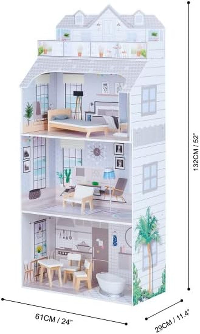 Teamson Kids Olivia's Little World Riesenpuppenhaus mit Möbeln und Zubehör, Puppenhaus aus Holz, 3-stöckiges Spielset für 30-cm-Puppen, ab 3 Jahren
