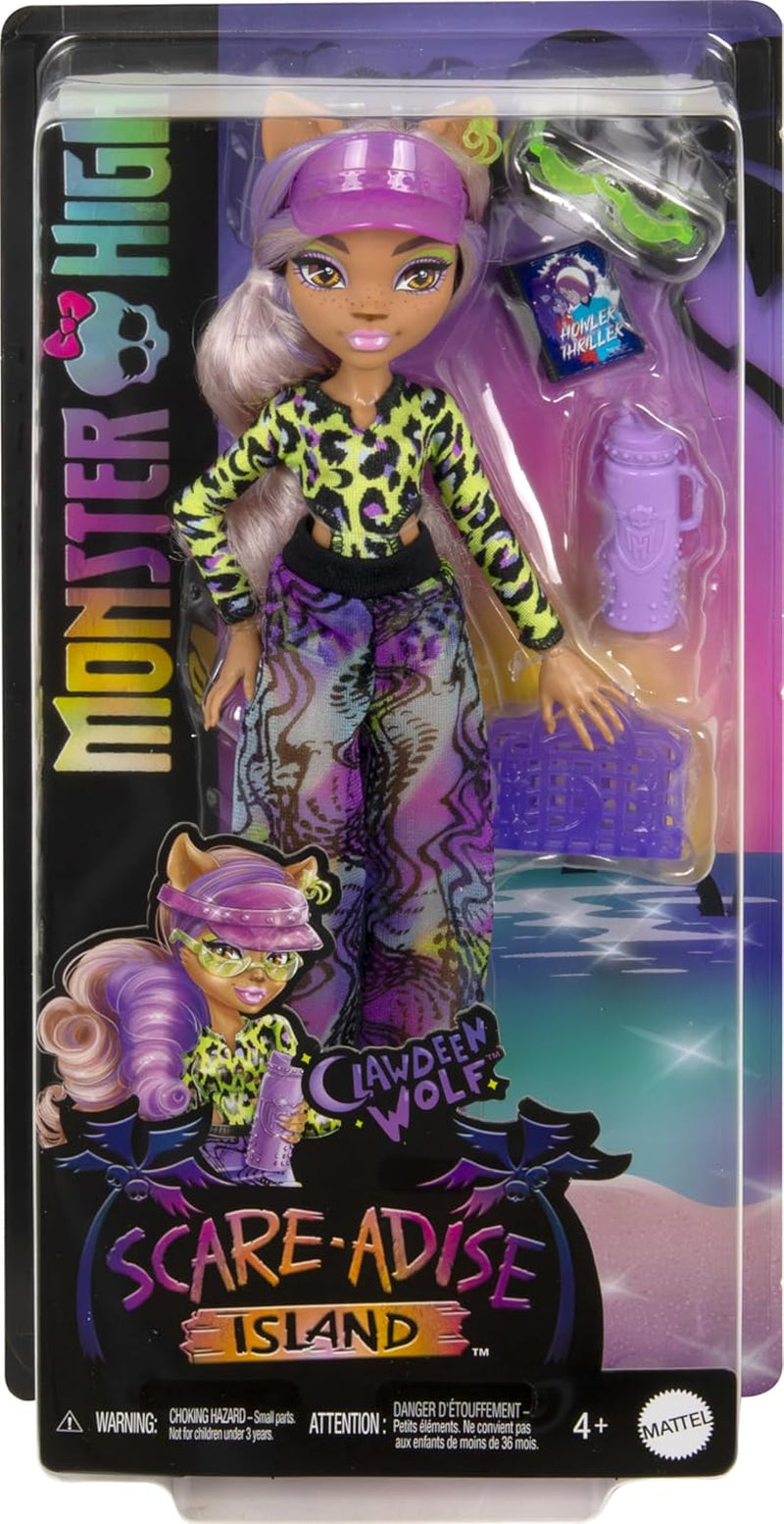 Monster High Scare Adise Island Clawdeen Wolf Puppe mit Badeanzug, Jogginghose und Strandaccessoires wie Visier, Wasserflasche und Buch