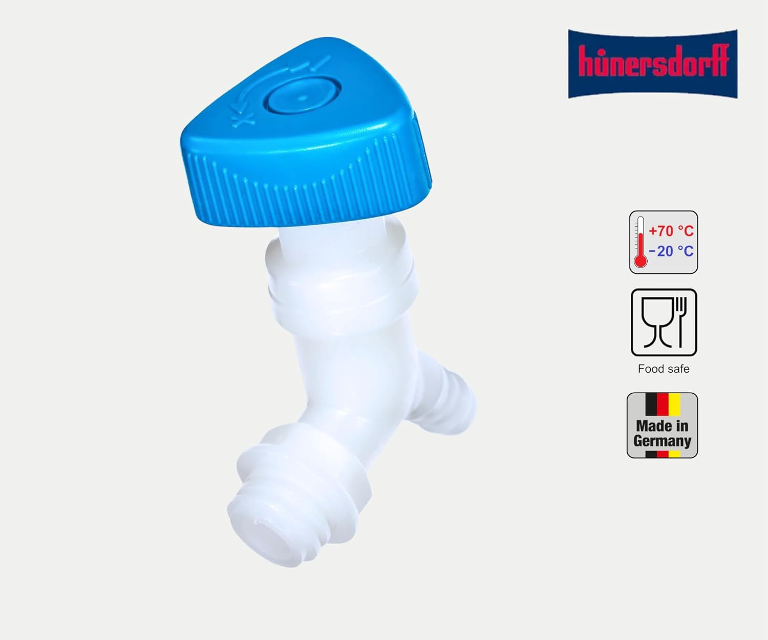 Hünersdorff | Eckventil | Coltara | Für Kanister mit einer Gewindebreite von 22 mm | Schlauchanschluss 13 mm oder 1/2" | Natur/blau