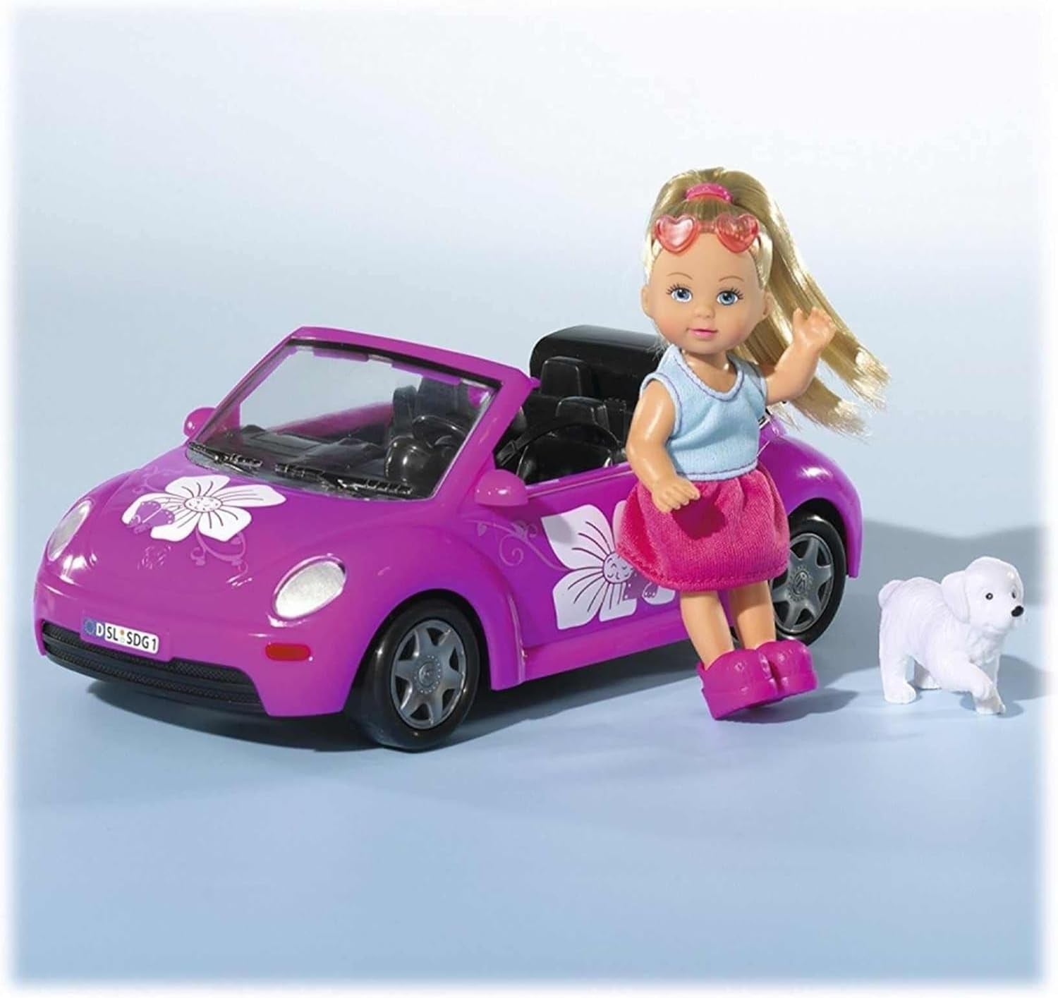 Simba 105731539 - Evi Love Beetle Evi's, Evi mit Auto, Auto: 22 cm, mit Hund, Modepuppe, 12 cm, für Kinder ab 3 Jahren
