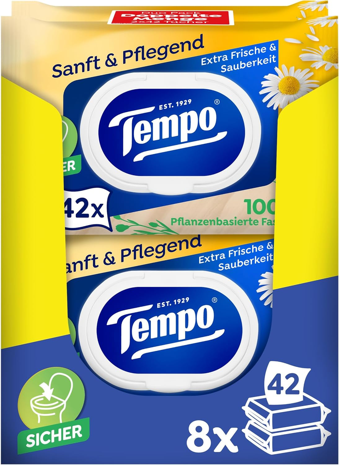 Tempo Toilettentücher „Gentle & Caring“ – Megapack – 16 Packungen à 42 Tücher – Duo Packs – mit natürlicher Kamille – Toilettenpapier, dermatologisch getestet und neutral zum pH-Wert der Haut