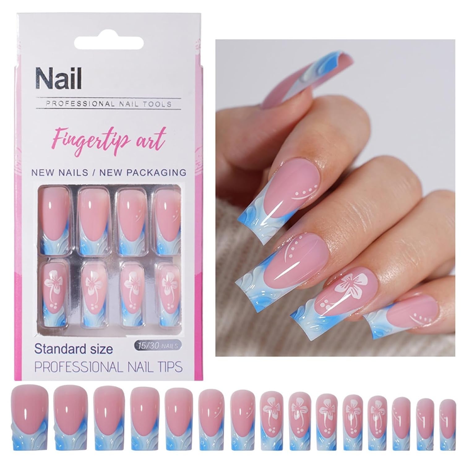 30 Stück französische künstliche Nägel – zum Aufkleben auf künstliche Nägel – weiche Gelnägel für Frauen – selbstklebende Acrylnägel, quadratische Maniküre (französisches Rosa)