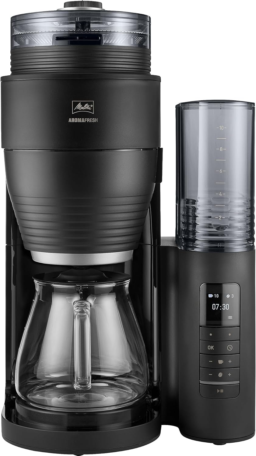 Melitta AromaFresh Therm Pro X – Espressomaschine mit Filter, integriertem Mahlwerk, abnehmbarem Wassertank, Thermokaraffe aus Edelstahl und Timerfunktion, für bis zu 8 Tassen Kaffee, Schwarz/Silber