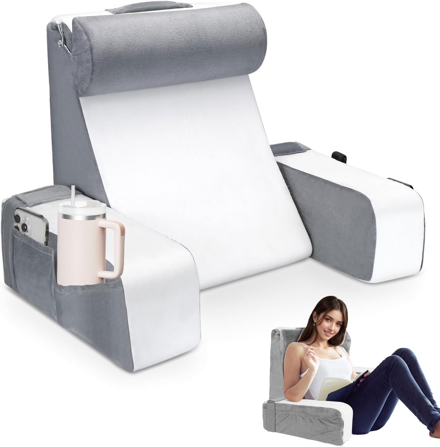 Großes Lesekissen für Bett und Sofa, Rückenkissen für Erwachsene mit Nackenstütze und Armlehnen, ergonomisches Rückenkissen mit Tasche und waschbarem Bezug zum Ausruhen, Lesen, Fernsehen (WH)