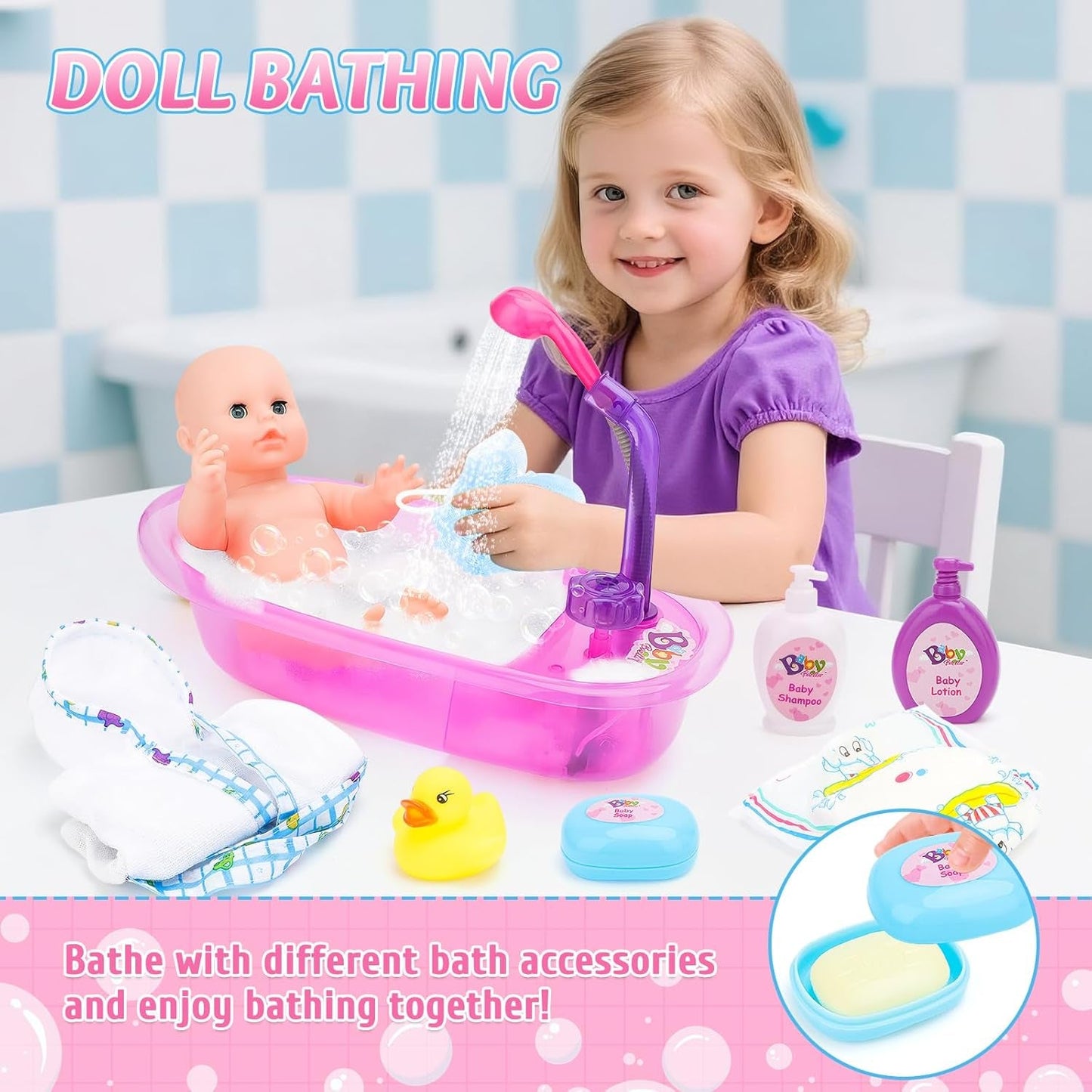 deAO Puppenbadewannen-Set, 33 cm große interaktive Puppe, Puppenbadewanne, Puppenspielset mit Schnuller, Puppenkleidung, Bademantel, Puppenwindeln, Badewanne und funktionellem Duschspray