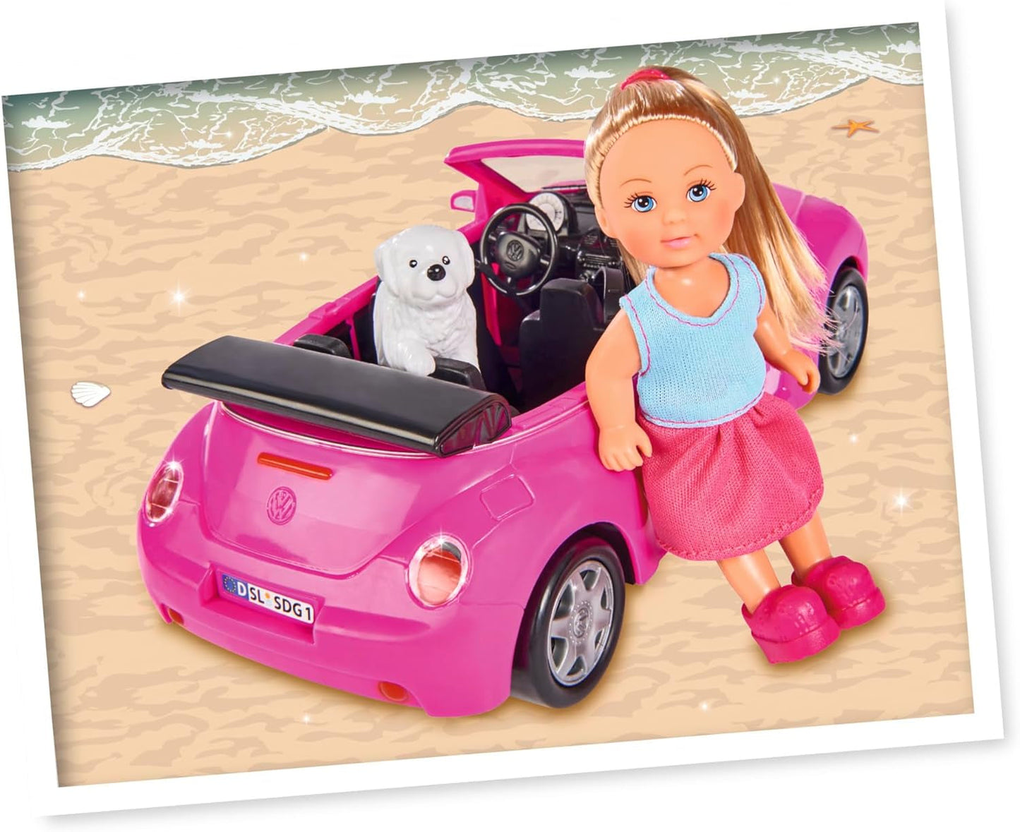 Simba 105731539 - Evi Love Beetle Evi's, Evi mit Auto, Auto: 22 cm, mit Hund, Modepuppe, 12 cm, für Kinder ab 3 Jahren