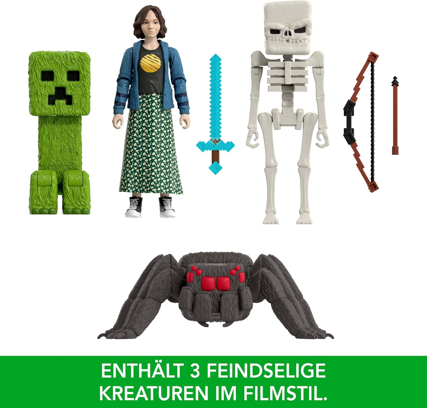 Mattel Minecraft Story-Set mit 4 Actionfiguren und 3 Zubehörteilen. Encounters In The Overworld Set, vom Minecraft-Film inspiriertes Sammelspielzeug JFR70 Actionfiguren Naty Shop