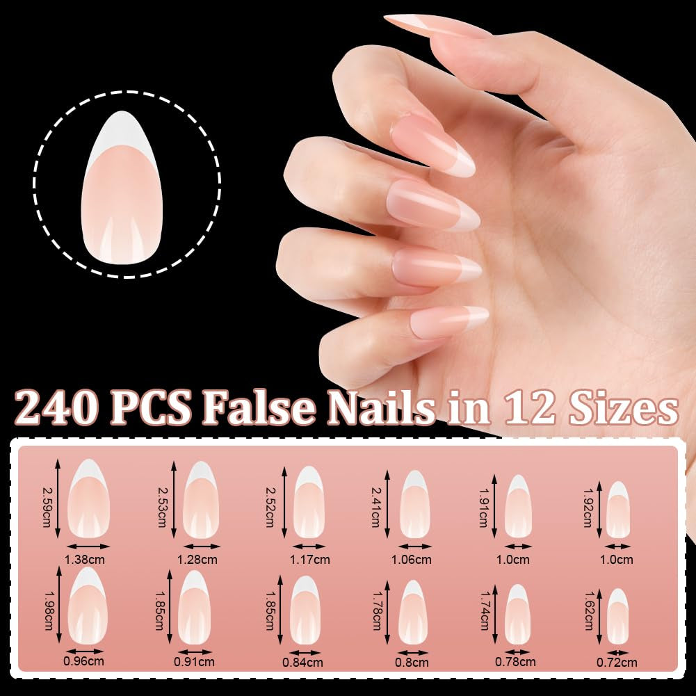 240-teiliges Set mit künstlichen Nagelspitzen, French Press On False Nails, Press On French Nails, 12 Größen, Fake Nails mit Kleber für Damen und Herren (Nude White Medium Almond)