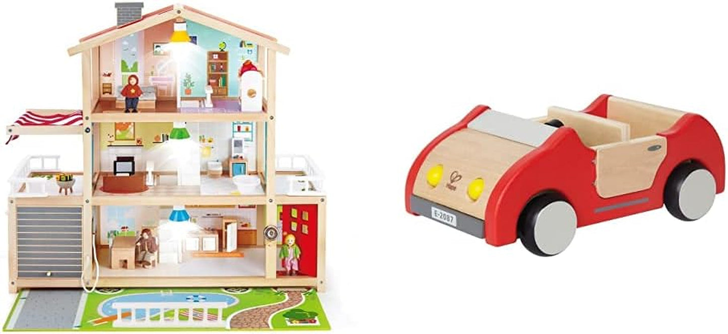 E3405 – Puppenhaus, Puppenhaus mit Zubehör, Holz und E3475 – Puppenhauszubehör, Familienauto