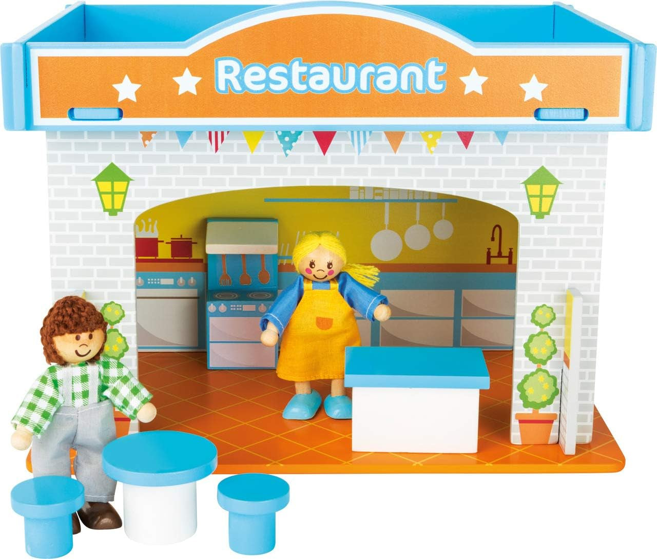 Small Foot 10852 Spielhaus Restaurant aus Holz, mit 2 Puppenfiguren, Zubehör und abnehmbarem Dach, ab 3 Jahren Puppenhäuser Naty Shop Restaurant