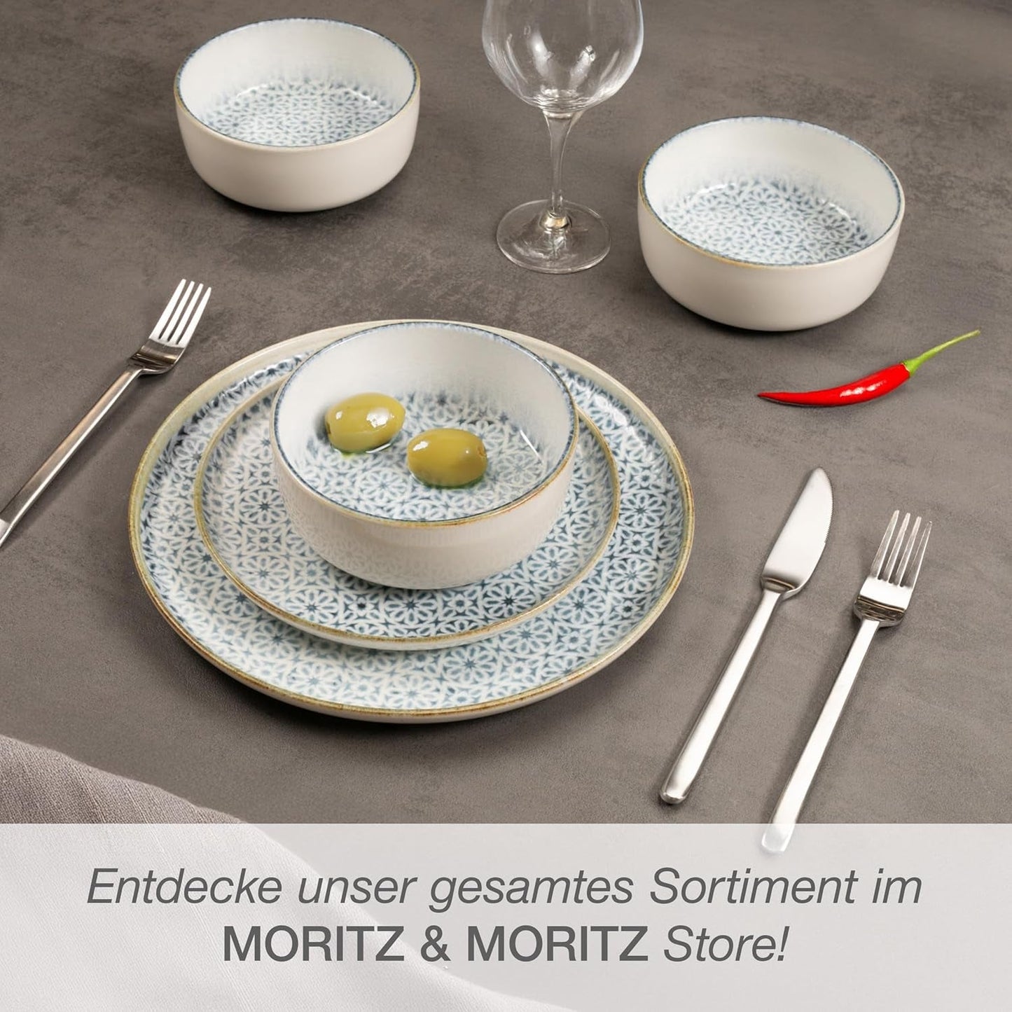 Moritz & Moritz ALHAMBRA Tafelservice für 6 Personen, 18-teilig, hochwertiges Porzellan – modernes blaues Tafelservice – pflegeleichtes Set bestehend aus 6 Speisetellern, 6 Desserttellern und 6 Schüsseln