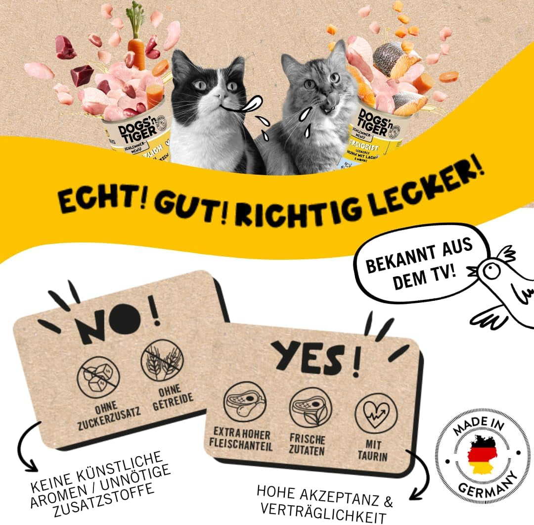 Dogs'n Tiger Schlemmermenü Glückskind, Nassfutter für Kätzchen, saftiges Hun und Forelle - ohne Getreide, Zuckerzusatz, künstliche Konservierungsstoffe, optimale Verträglichkeit, 12x 200g