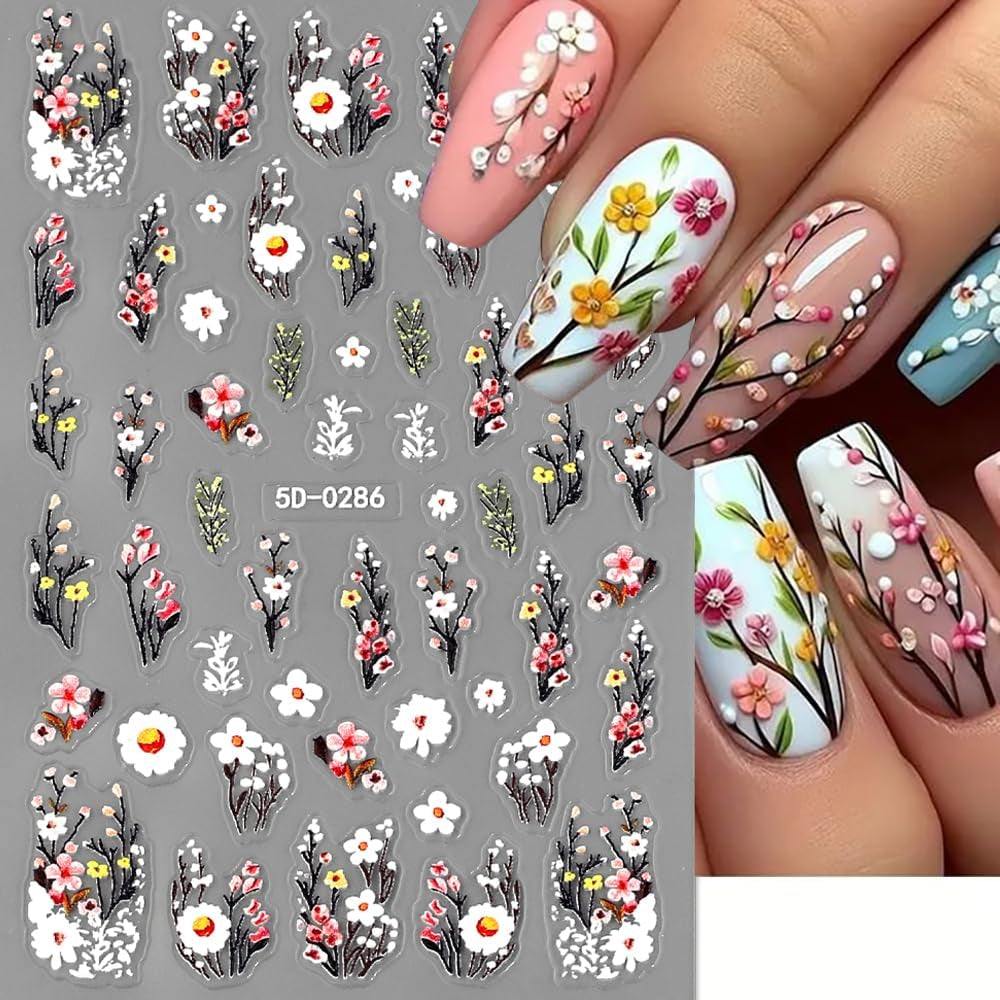 Pflaumenblüten-Nagelaufkleber, weiß-rosa Blumen-Nagelaufkleber, geprägte Blumen-Nagelaufkleber, Frühlings-Sommer-Blumen-Nagelaufkleber, Nageldesigns, Nagelzubehör, Nagelkunst
