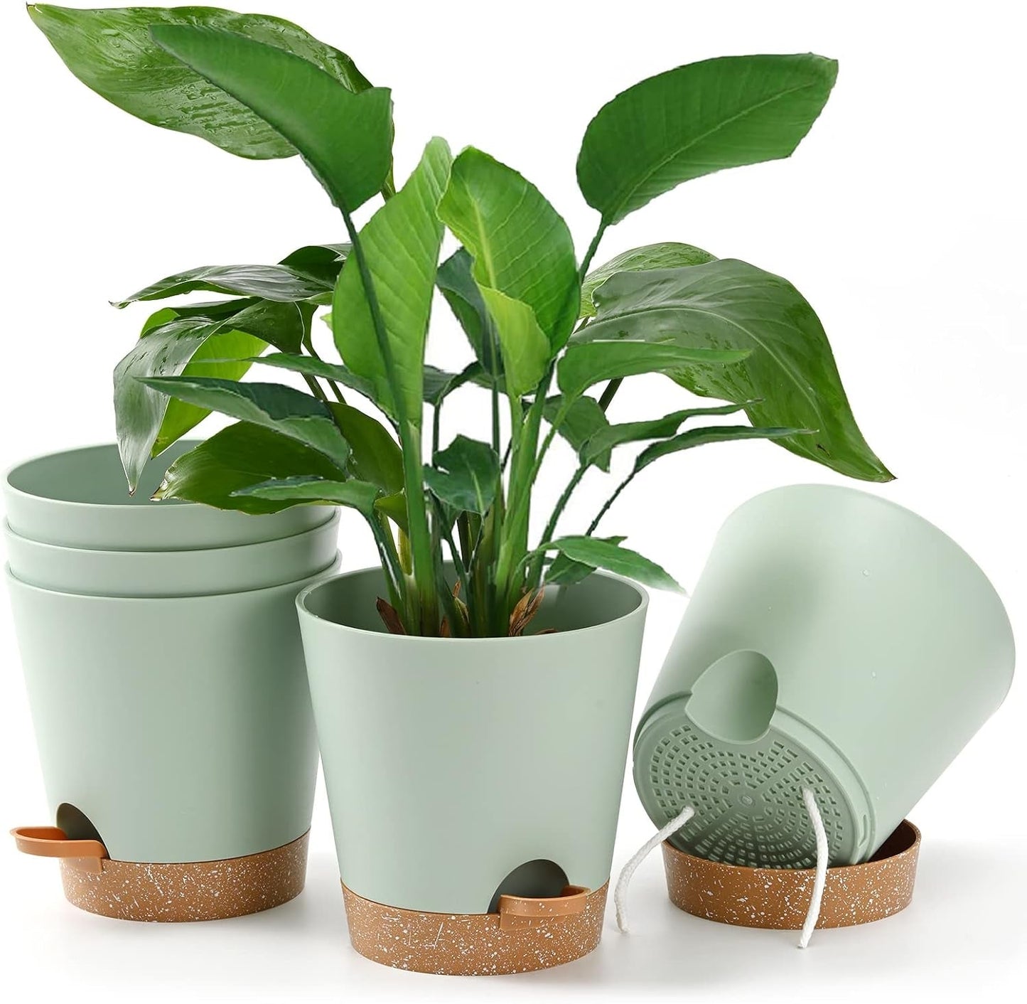 Blumentopf, 6 Stück, 12,7 cm, selbstbewässernder Übertopf, hohe Drainage, Blumentopf für drinnen und draußen, mit Reservoir-Tablett und Bewässerungsrand, Garten-Pflanzgefäß, Garten