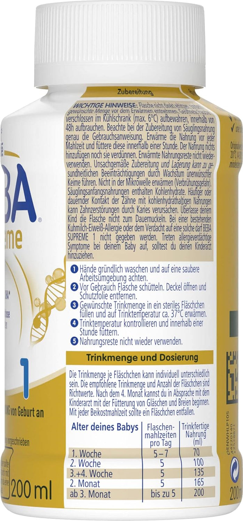 BEBA Nestlé BEBA SUPREME 1 Säuglingsmilch: trinkfertige Flaschen mit Omega 3, 4er Pack (1 x 200 ml)