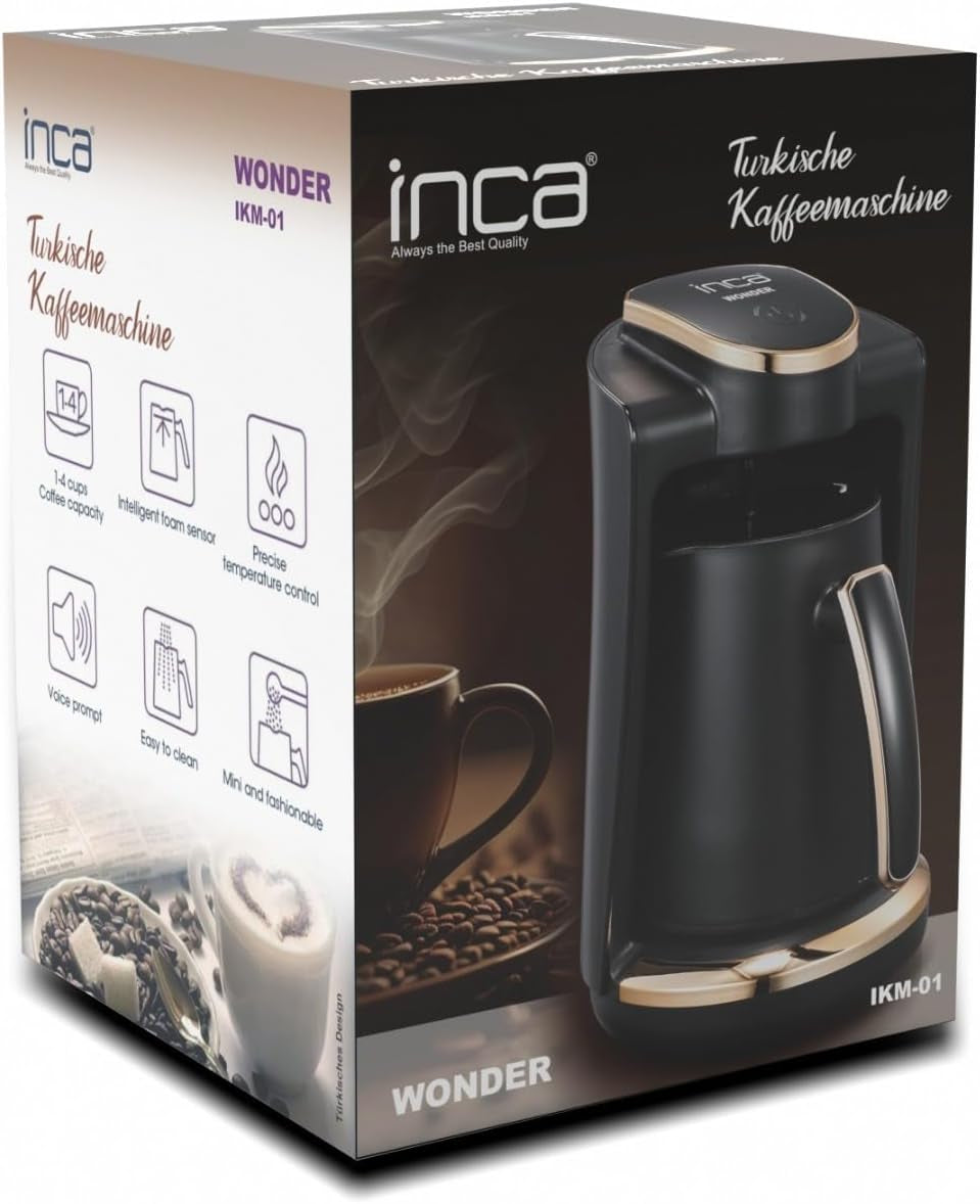 Türkisches Café Inca | Türk Kahve-Maschinen | 250 ml (1–4 Tassen) | 400W | IKM-01 | Schutz gegen Verschütten und Kochen ohne Wasser | Heizplatte aus Edelstahl | Automatisches Herunterfahren | Für einen perfekten türkischen Kaffee