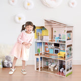 Olivia's Little World Modernes, dreistöckiges interaktives Puppenhaus aus Holz im mediterranen Stil für Kinder mit 17 Puppenmöbelzubehör, mehrfarbig, TD-13551B