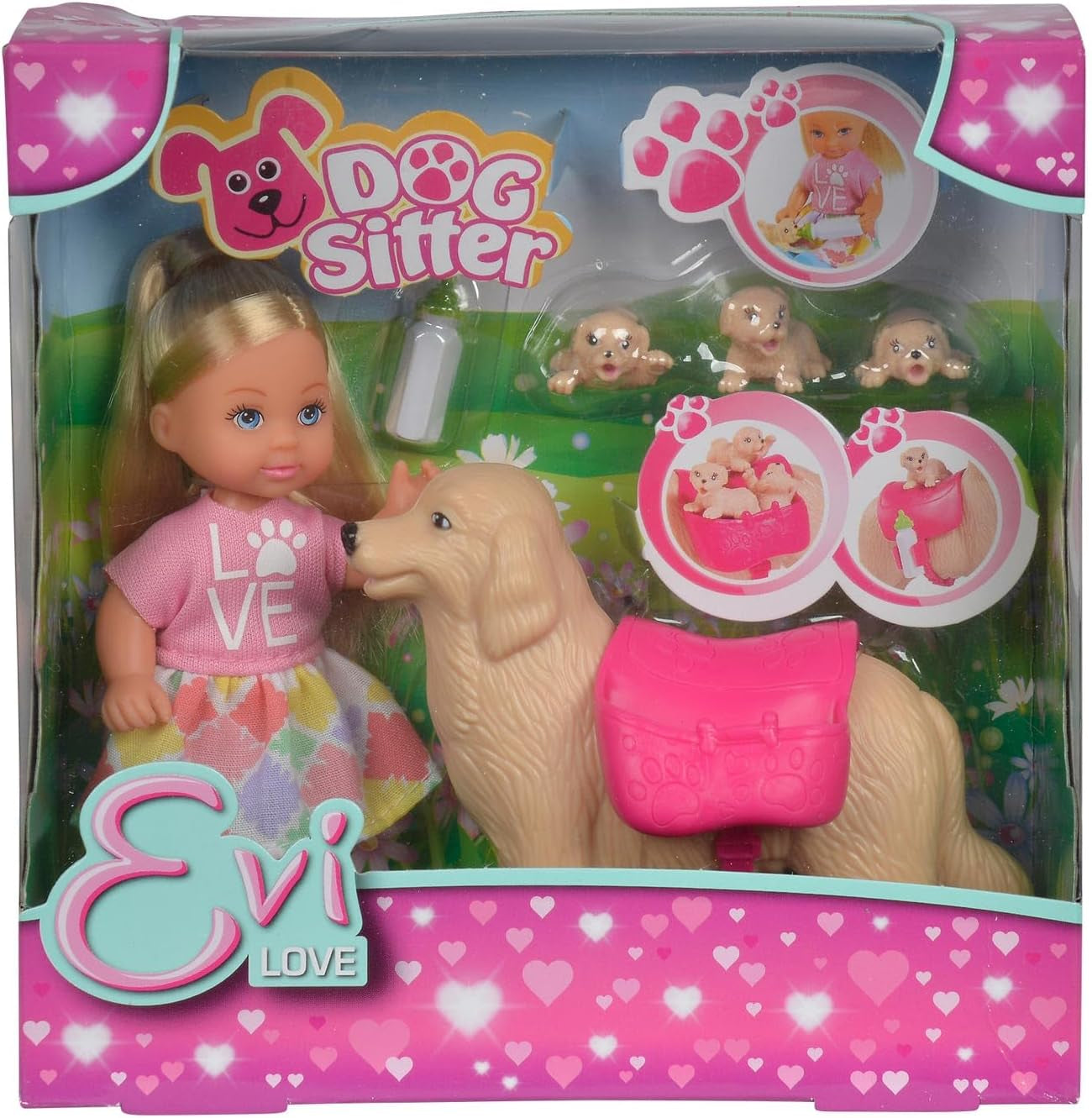 Simba 105733072 – Evi Love Hundesitter mit Hund und drei Welpen, Zubehör, Modepuppe, 12 cm, für Kinder ab 3 Jahren