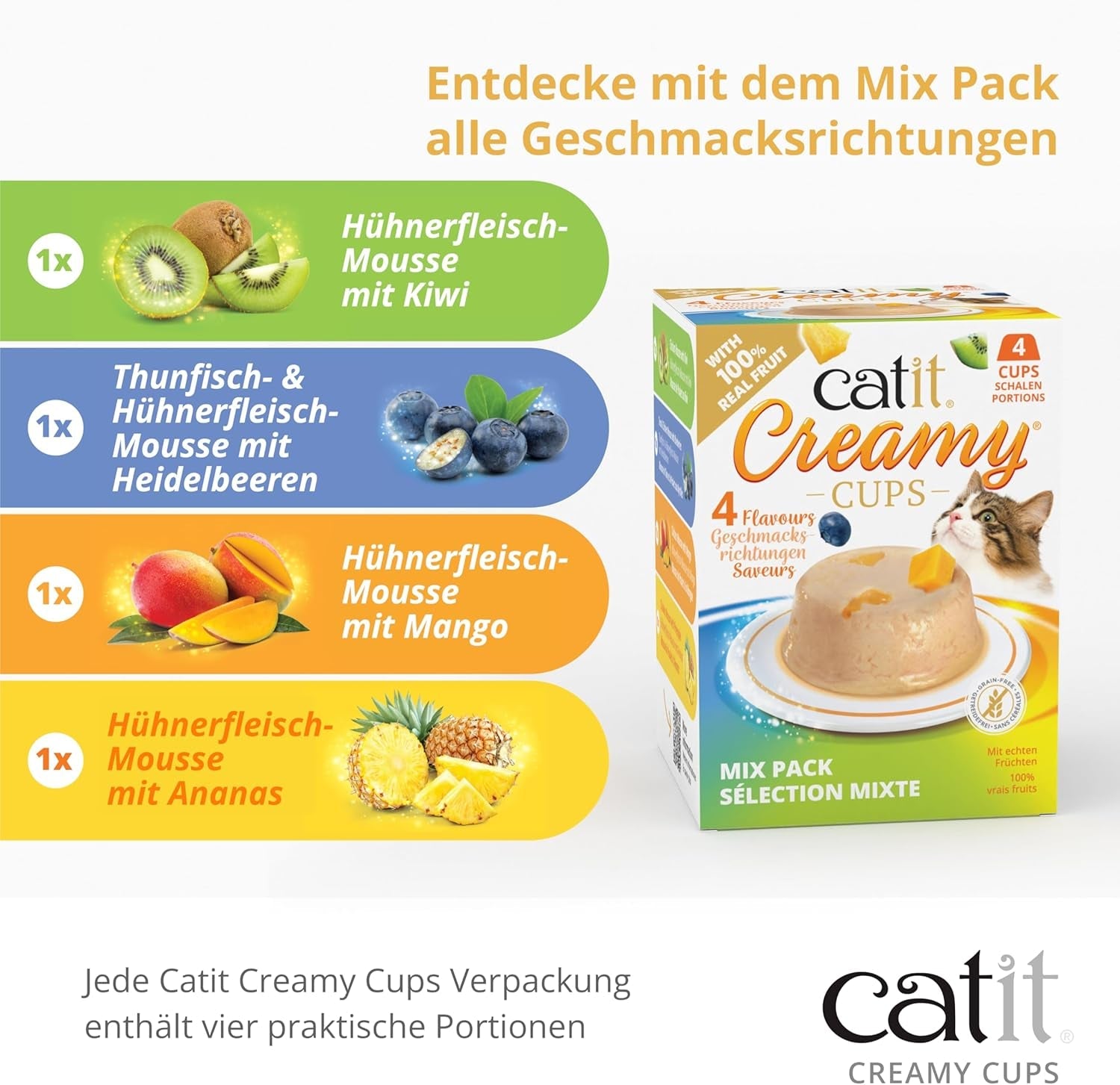 Catit Creamy Cups, Thunfisch und Huhn mit Blaubeeren, 4x25g