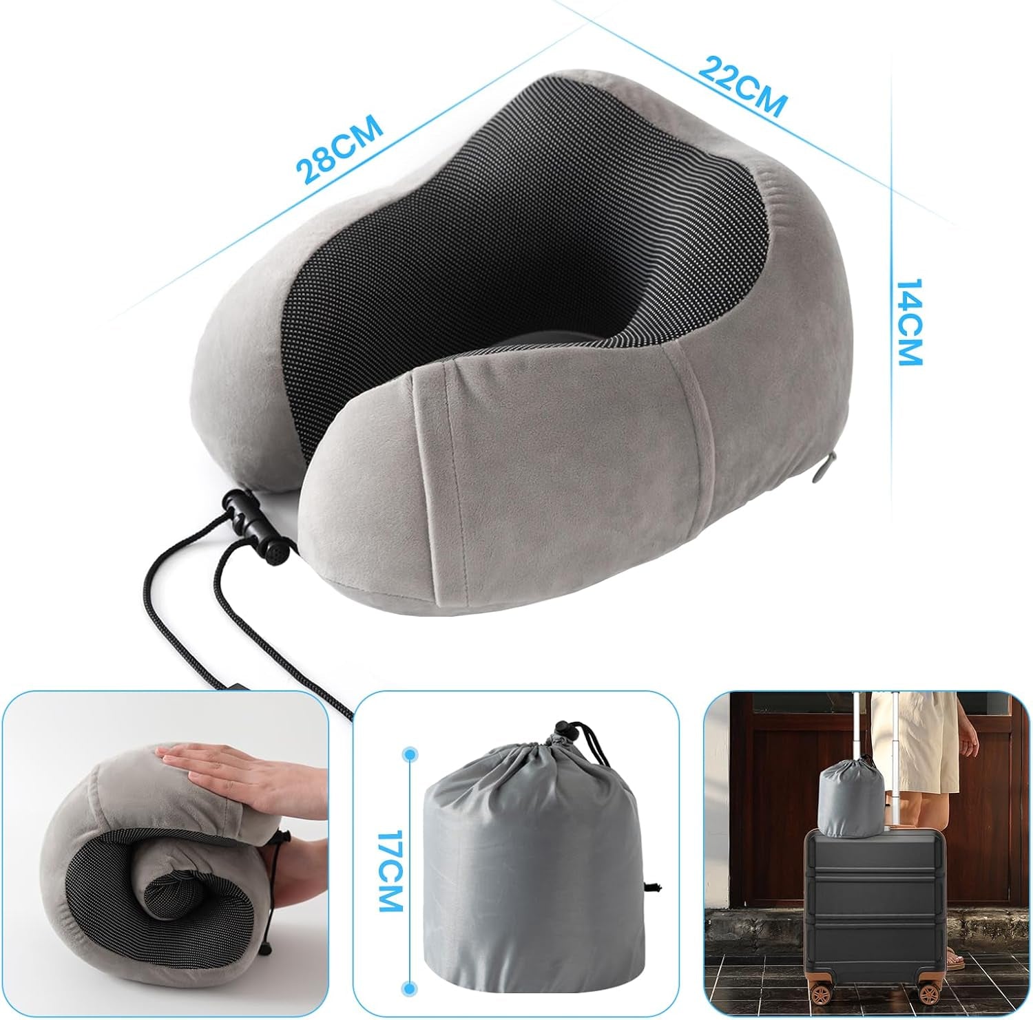 Nackenkissen, Flugzeug-Nackenkissen, Reisekissen, Erwachsenen-Nackenkissen, Auto-Nackenkissen, Heimkissen, ergonomisches Memory-Schaum-Kissen, waschbar, schmaler Rücken, verstellbar, Grau