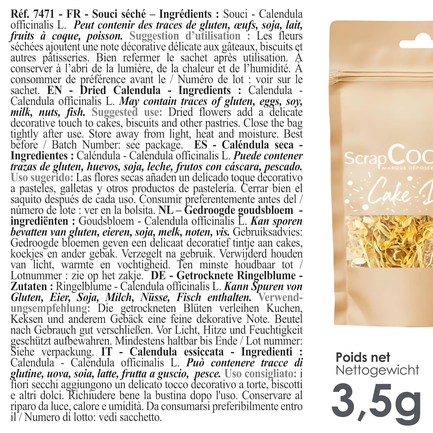 ScrapCooking – Getrocknete Ringelblumen 3,5 g – Essbare Blumen – Lebensmitteldekorationen zum Backen – Für Desserts, Kuchen, Torten, Muffins – Weihnachten, Frühling, Geburtstag – Goldgelb – 7471