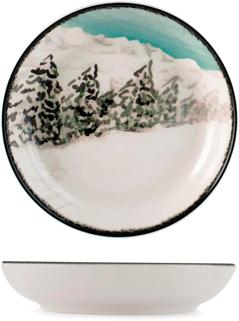 Winter Escape 12-teiliges Weihnachtsgeschirr-Set aus Steinzeug – nordisches Winter-Skifahrer-Design – spülmaschinen- und mikrowellenfest