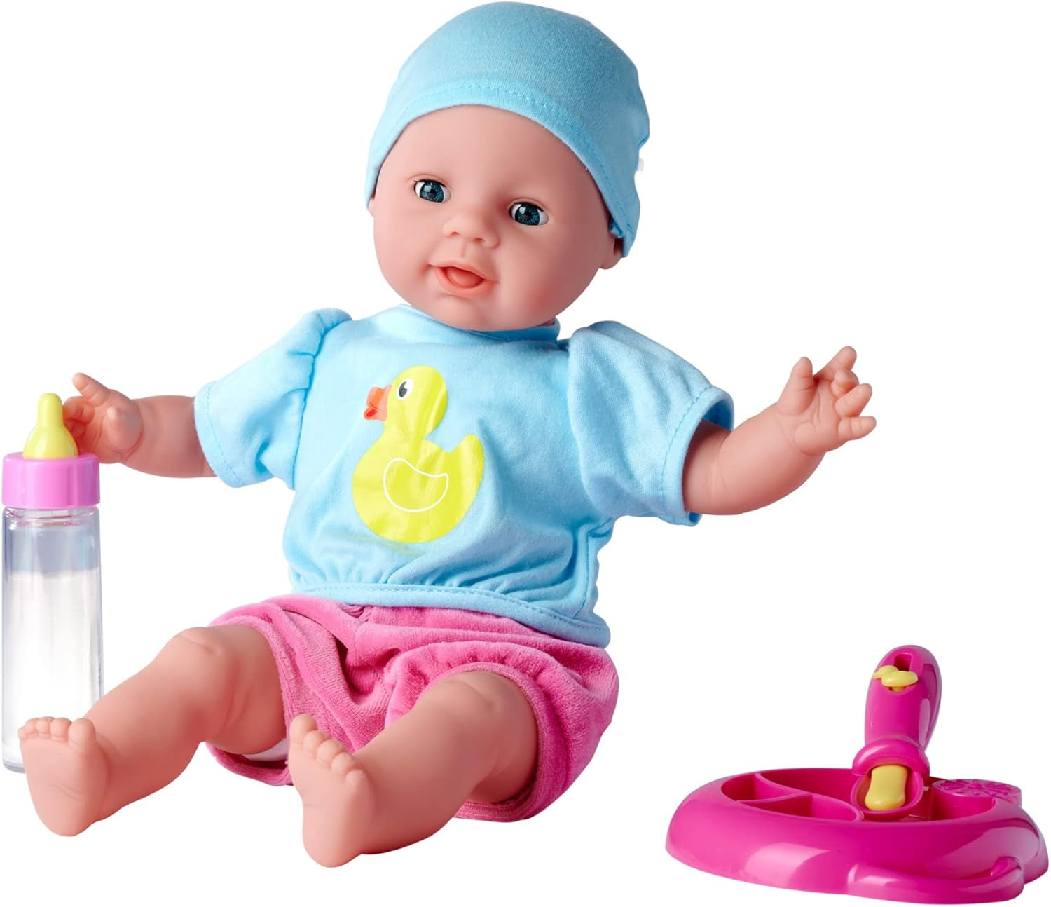 Simba 105010964 – Laura Hungry Weichkörperpuppe mit Schaufensterpuppe, Zauberlöffel, Flasche mit verschwindendem Inhalt und kleinem Teller, 38 cm, Puppe ab 2 Jahren Naty Shop Dolls