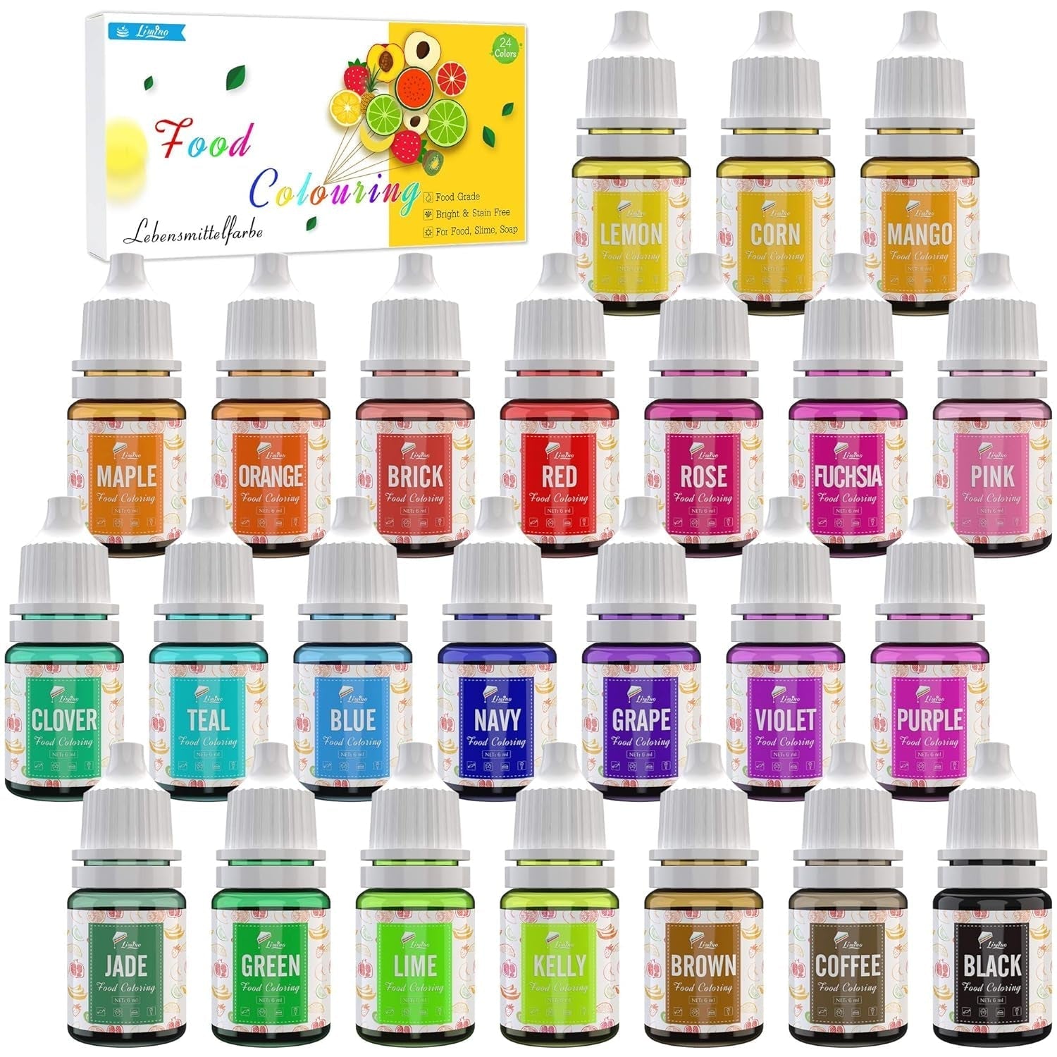 Lebensmittelfarbe in 24 Farben – flüssige Lebensmittelfarbe zum Backen von Kuchen, Keksen, Macarons, Dekorieren und Kochen – lebendige Lebensmittelfarbe für Airbrush, Fondant – je 6 ml